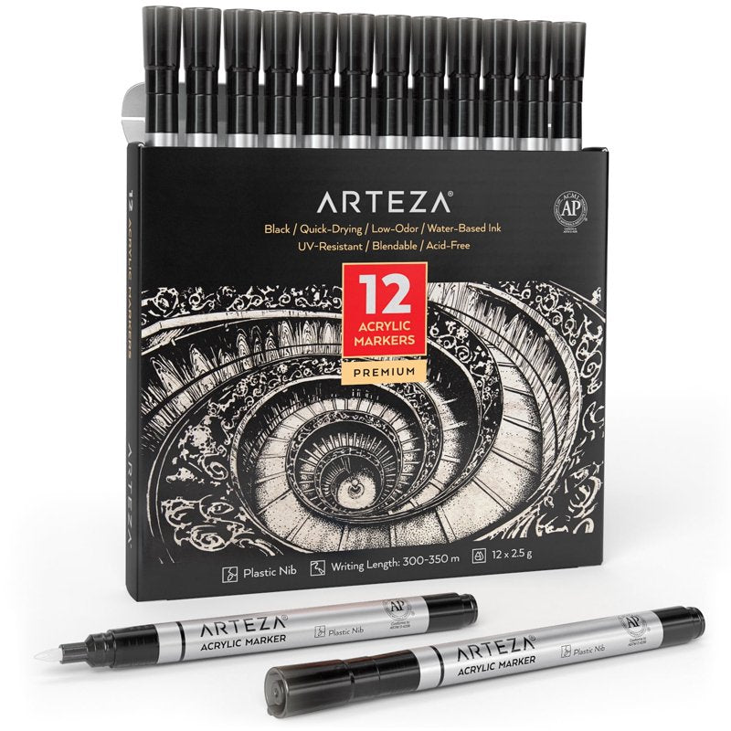 Arteza Acrylic Paint Markers, Fine Nib, Black – 12 Count (Variation: 12, Black)