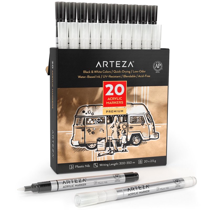 Arteza Acrylic Paint Markers - Fine Nib, 20 Count, Black & White (Variation: 20, Black and White)