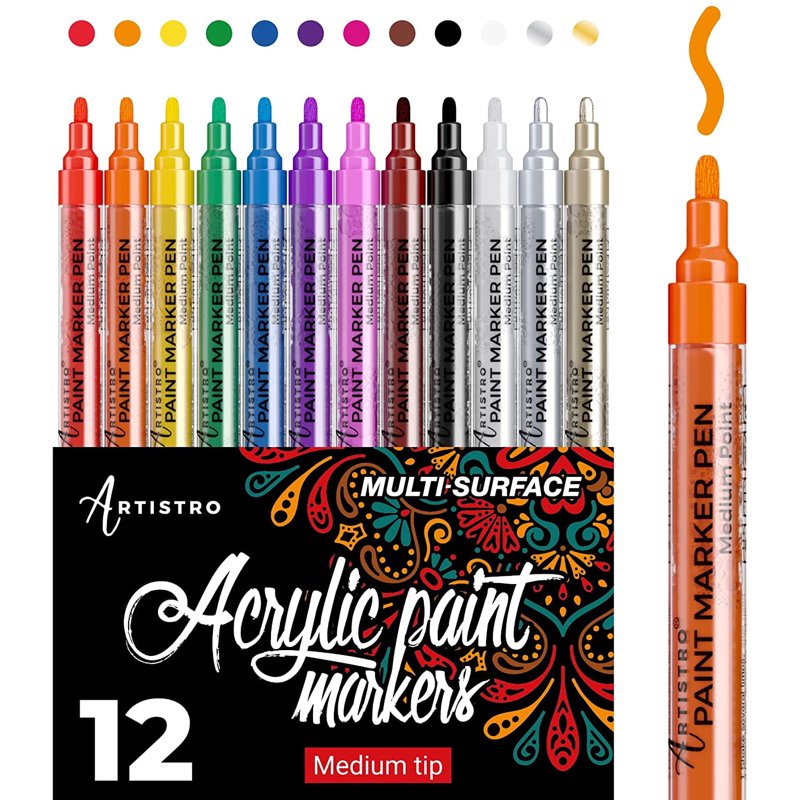 Artistro Acrylic Paint Markers Set of 12 for Fabric Glass Wood & More