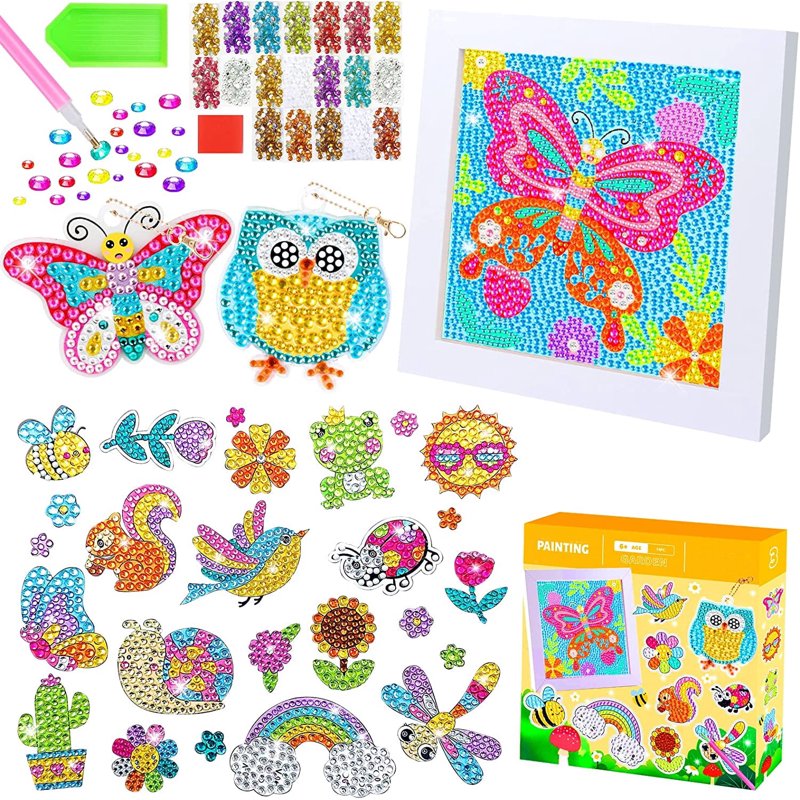 Kids Diamond Art Craft Kit with Wooden Frame - Animal Stickers & Keychains