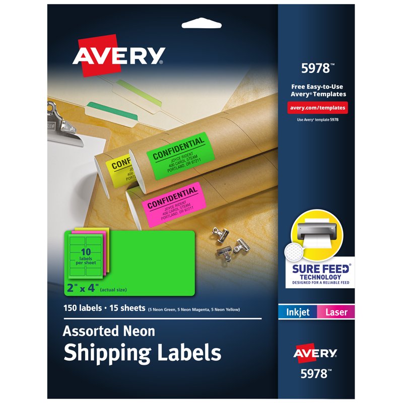 Neon Address Labels - 2x4 Inch Bright Printable Stickers, 150 Pack