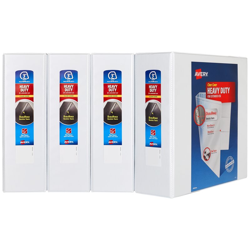 Heavy Duty 3-Inch View Ring Binders - White, 4 Pack