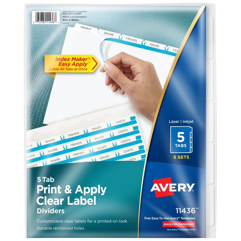 Print & Apply Binder Dividers with Customizable Tabs - 5 Sets of 5, Clear Labels