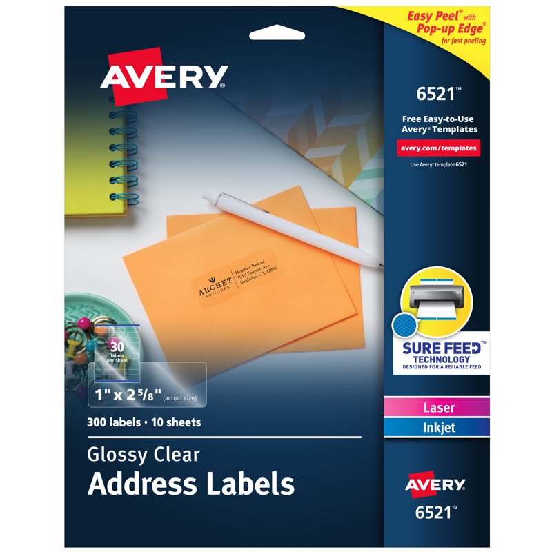 Clear Glossy Address Labels 1x2-5/8 Inch, Permanent Adhesive, Pack Options
