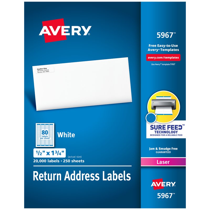 Avery Address Labels 1/2" x 1-3/4" Sure Feed Laser Labels - 20,000 Pack