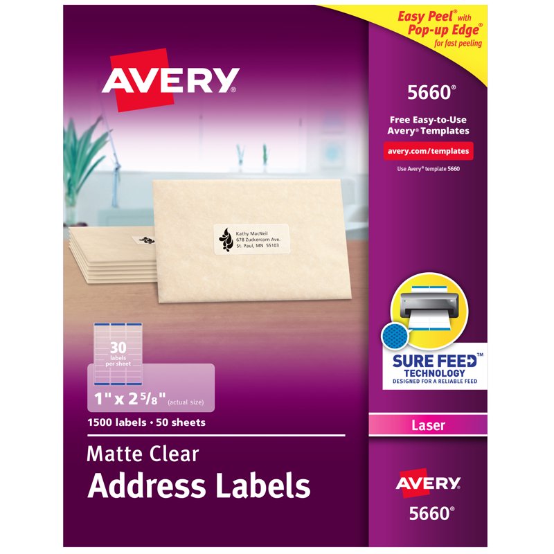 Clear Address Labels 1.5K for Laser Printer - Matte 1 Inch x 2-5/8"