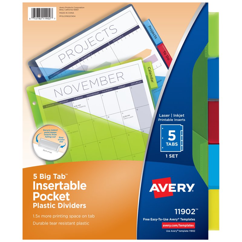 Multicolor Plastic Divider Set with Big Tabs for 3 Ring Binders - 5-Tab, Durable & Insertable