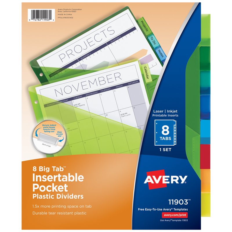 Big Tab Plastic Divider Set with Pockets - 8 Tabs, Multicolor, 8-Pack