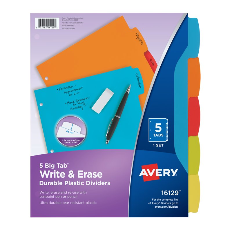 Big Tab Write & Erase Plastic Dividers - Reusable Multi-Color Binder Sections