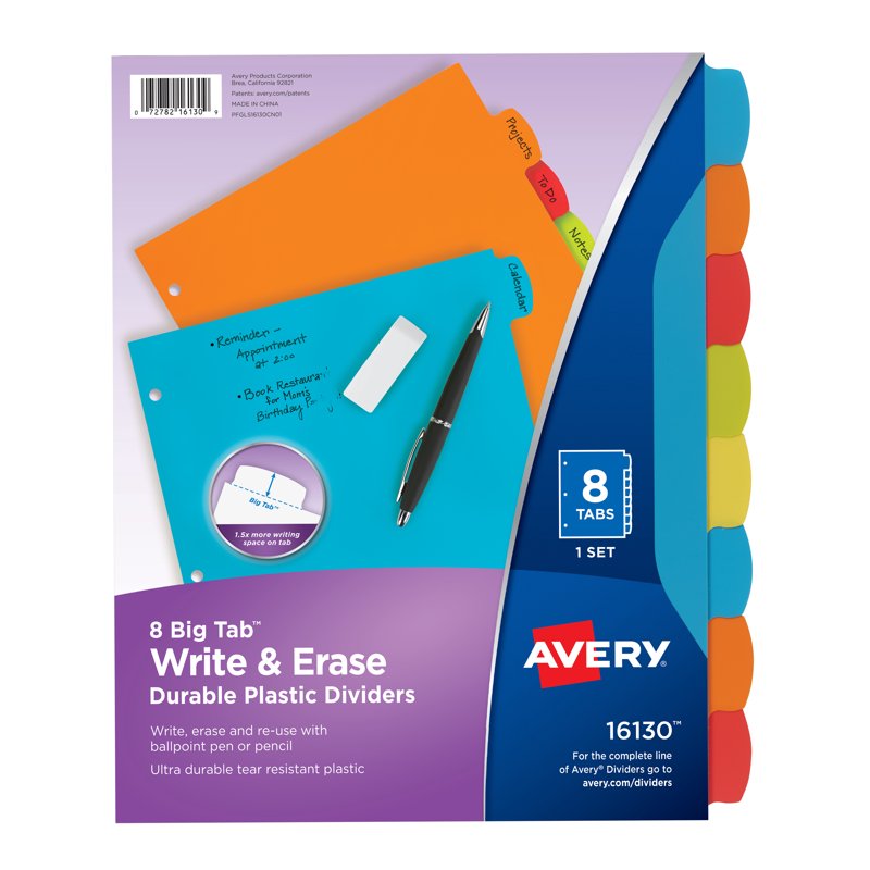 Write & Erase Plastic Dividers with Big Tabs - 8 Bright Reusable Binder Sections