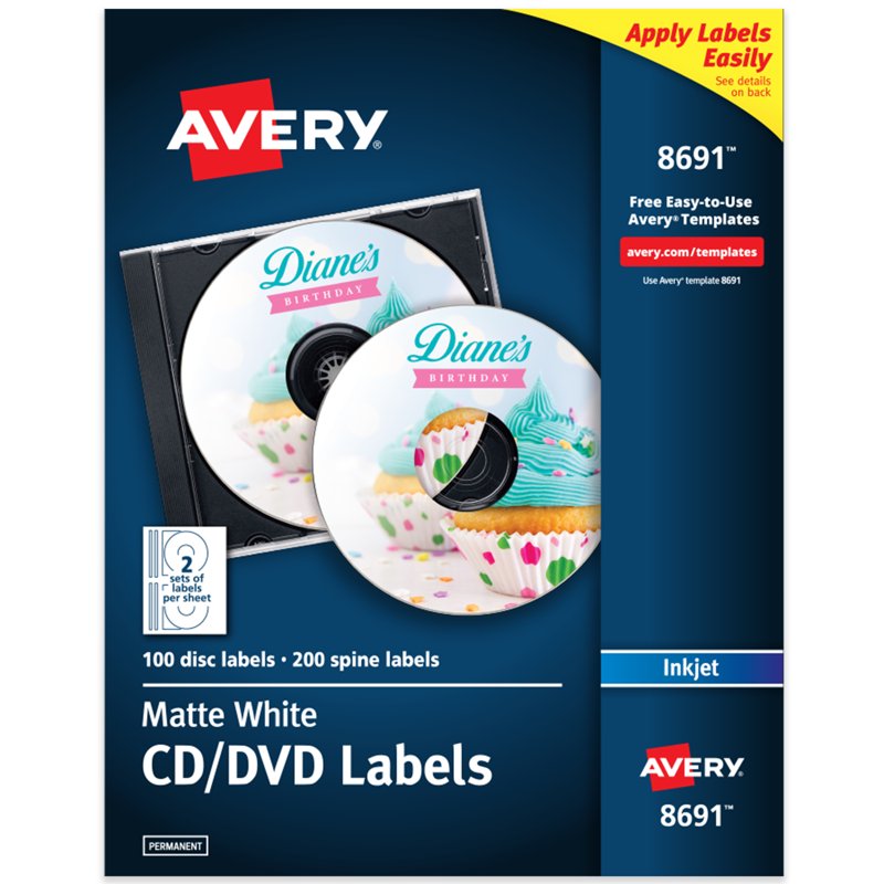Avery Permanent CD Labels Pack - 100 Printable White Disc & Spine Labels