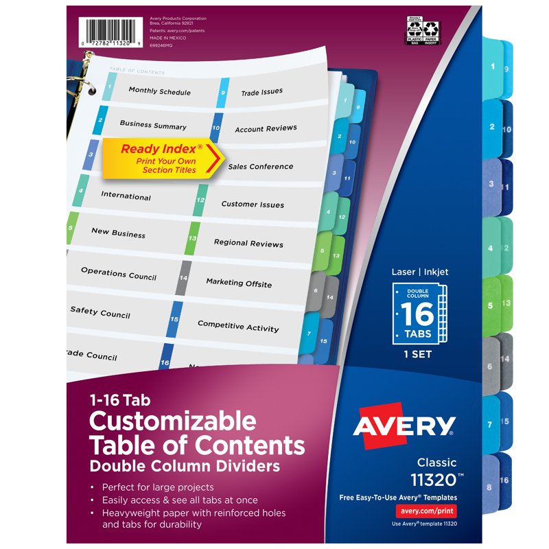 Double Column Binder Dividers with 16 Tabs, Multi-Color, Ready Index