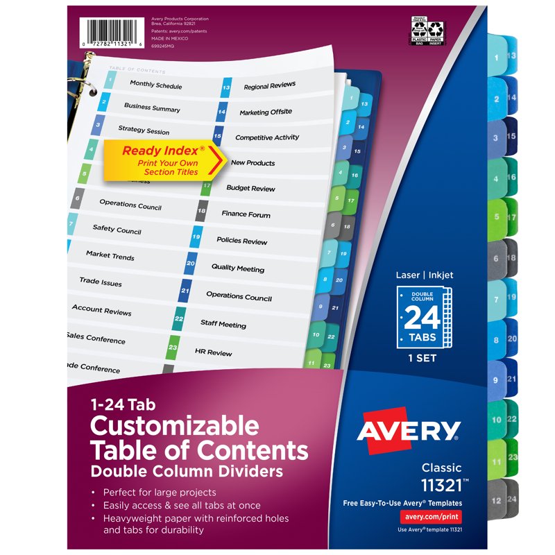 Double Column Tab Dividers for Binders - Customizable Table of Contents - Multi-Color Set