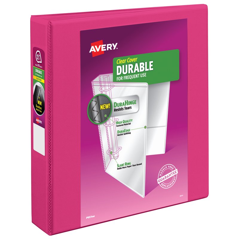 Durable View 3-Ring Binder 1.5 Inch Pink with Slant Rings, Office & School Use