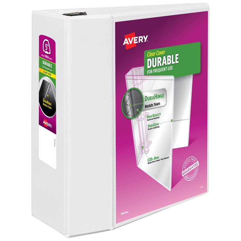 Durable 3 Ring Binder with EZD Rings - 5 Inch Capacity, White