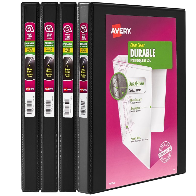 Durable View 3 Ring Binders 0.5 Inch Capacity - Black or White, 4-Pack