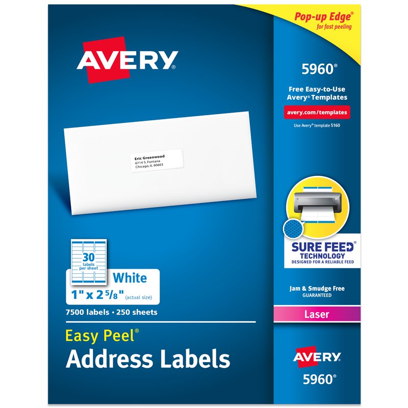 Avery Address Labels 1x2-5/8 Inch White Permanent Sticker Sheets - 7,500 Labels