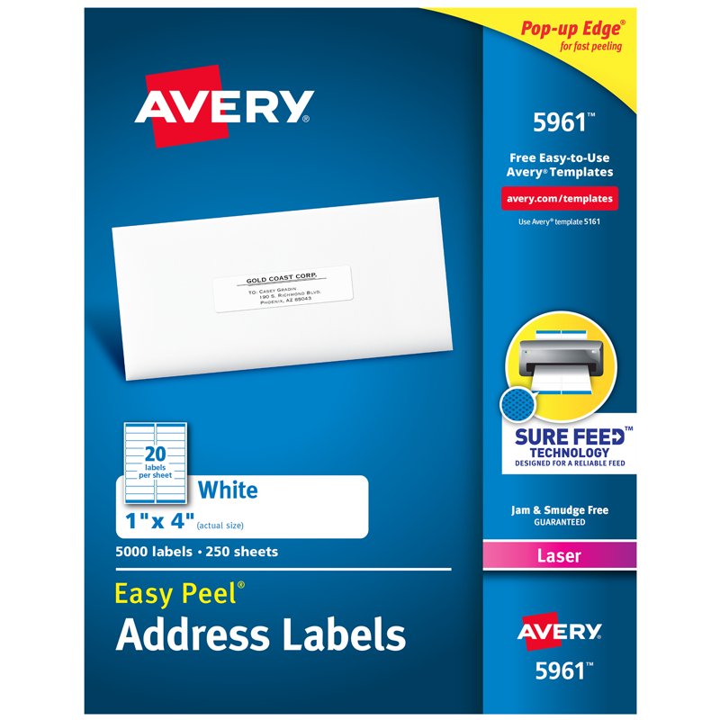 Avery Easy Peel Address Labels 1 x 4 Inches White 5000 Pack