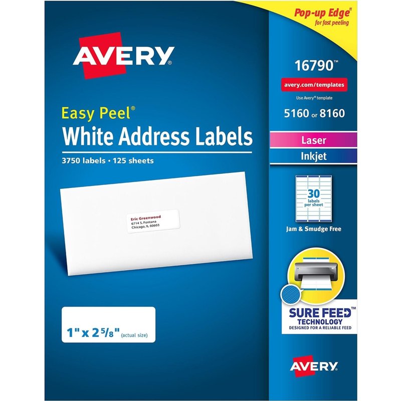 Avery Easy Peel Permanent Address Labels 1 x 2-5/8 Inches, 3750 Labels
