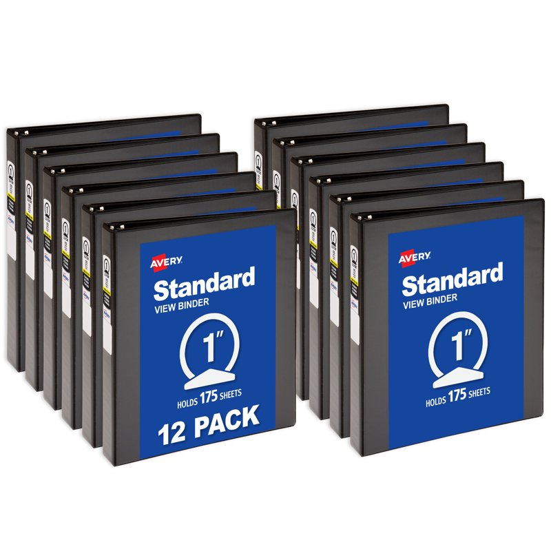 3-Ring View Binder, 1 Inch Capacity, Black, Pack of 12 - Office Organization