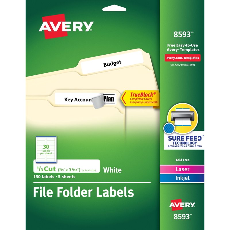 Self-Adhesive File Folder Labels 1/3 Cut White Laser Inkjet 150 Labels