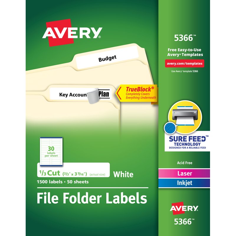 Self-Adhesive File Folder Labels 2/3 x 3-7/16 Inches Pack of 1500 White