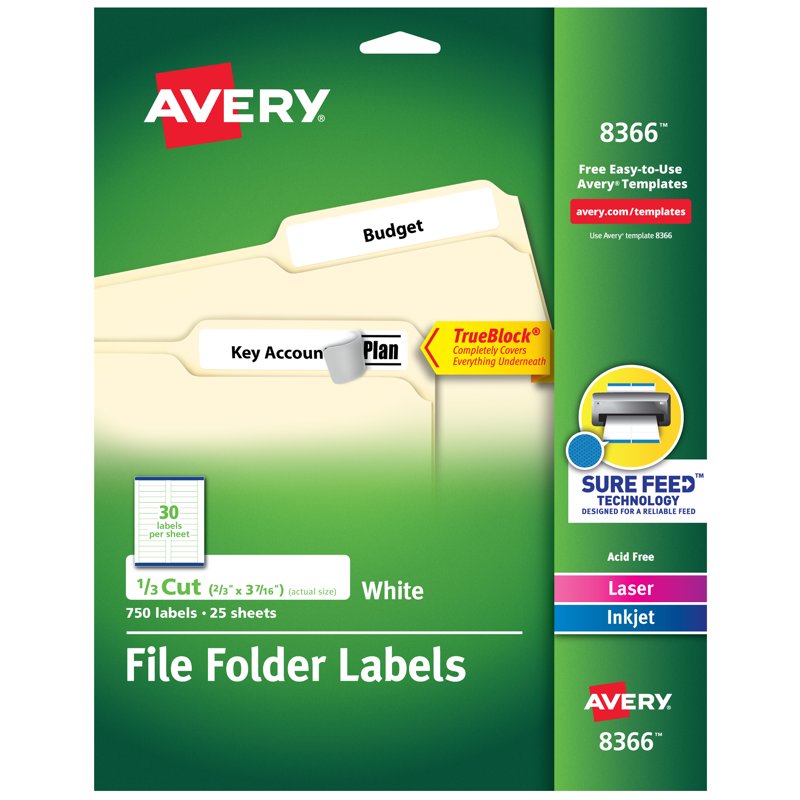 File Folder Labels 2/3 x 3-7/16 Inch White Permanent Adhesive 750 Pack