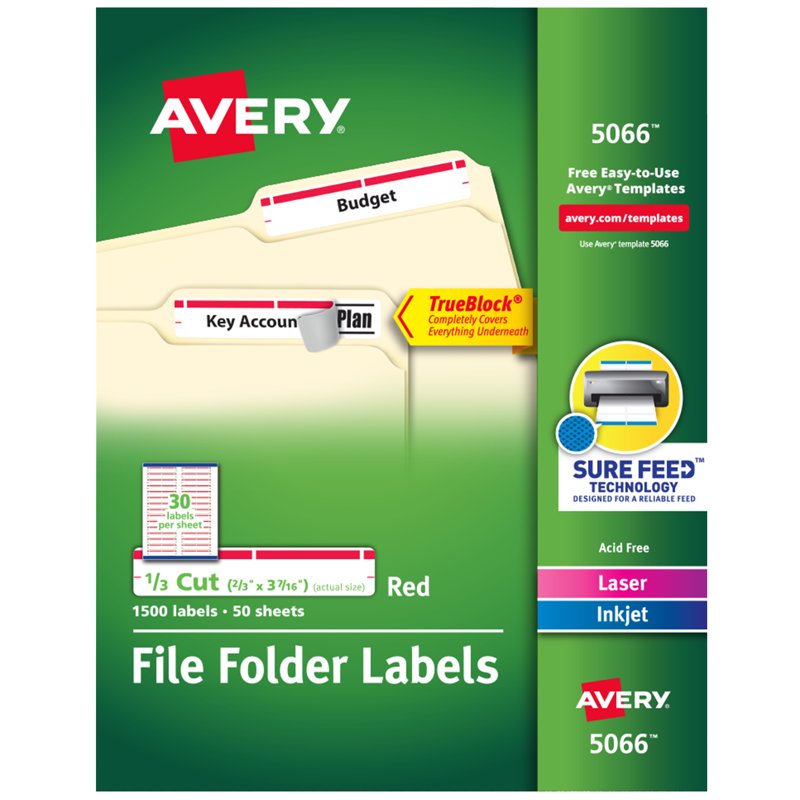 Self-Adhesive File Folder Labels 2/3 x 3-3/8 Inches White & Red Pack of 1500