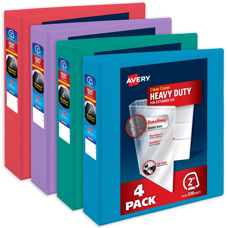 Heavy Duty 3 Ring Binders 2-Inch Capacity, Bright Colors, 4-Pack