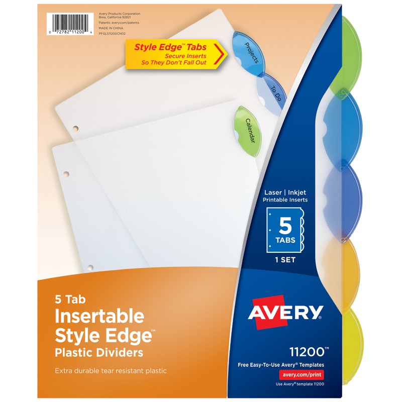 Multi-Color Plastic Binder Dividers with Insertable Style Edge Tabs - 5-Tab Set