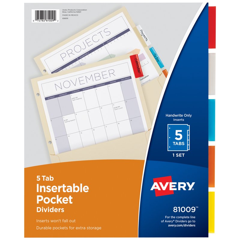 Multicolor 5-Tab Paper Dividers for Organizing Binders - 1 Set
