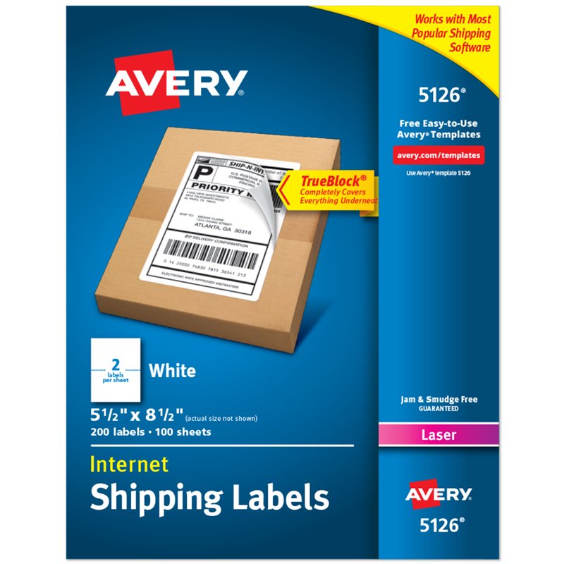 Avery 5126 Shipping Labels 5.5 x 8.5 Inches White 200 Pack - Permanent Adhesive