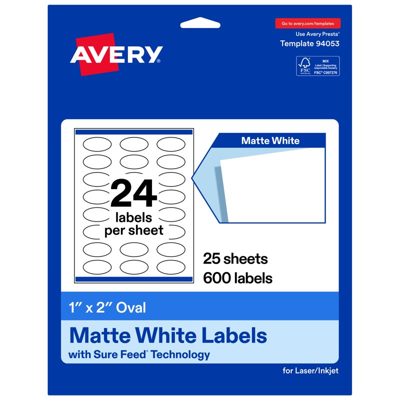 Matte White Oval Labels for Printing - 1x2 Inches, Bulk Pack