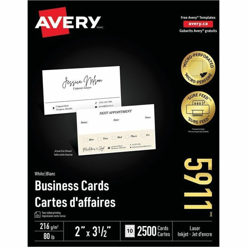 Avery Printable 2 x 3.5-Inch Business Cards, White, 2500