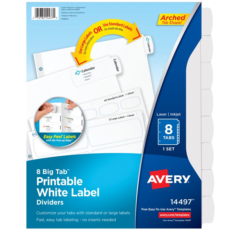 8-Tab Printable Document Dividers Set with Large and Standard Labels - White