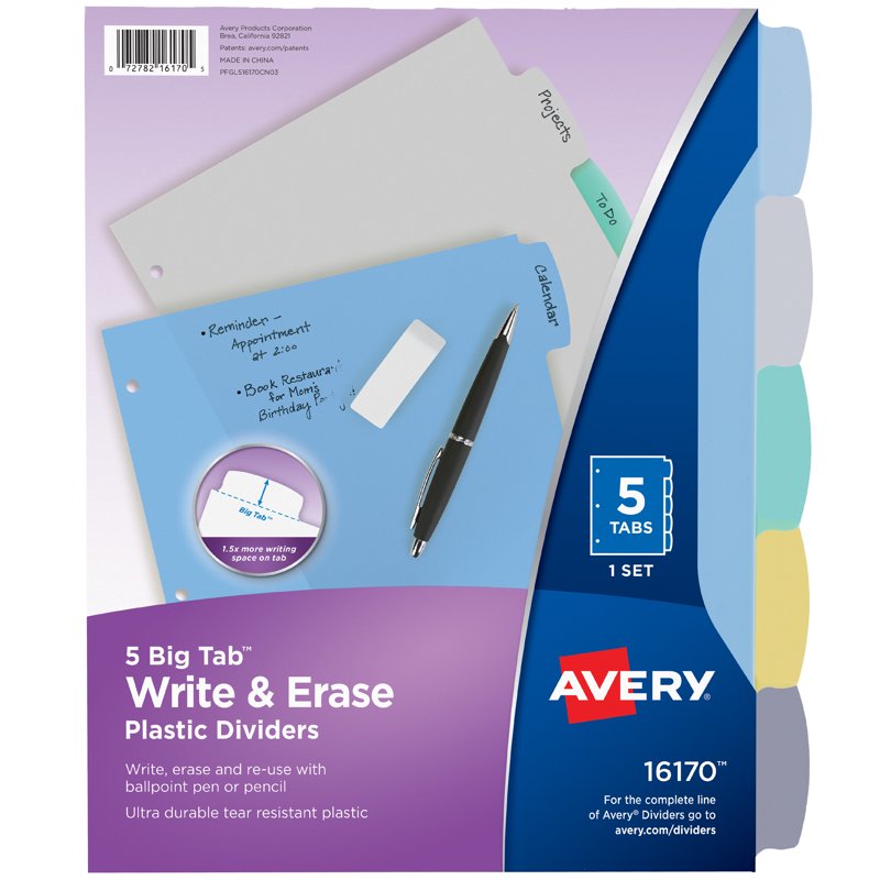 Reusable Write & Erase Plastic Dividers with Big Tabs - Multi-Color Set