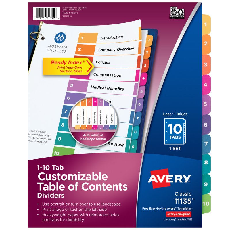 Avery Ready Index 10-Tab Dividers - Customizable Table of Contents - Multi-Pack Options