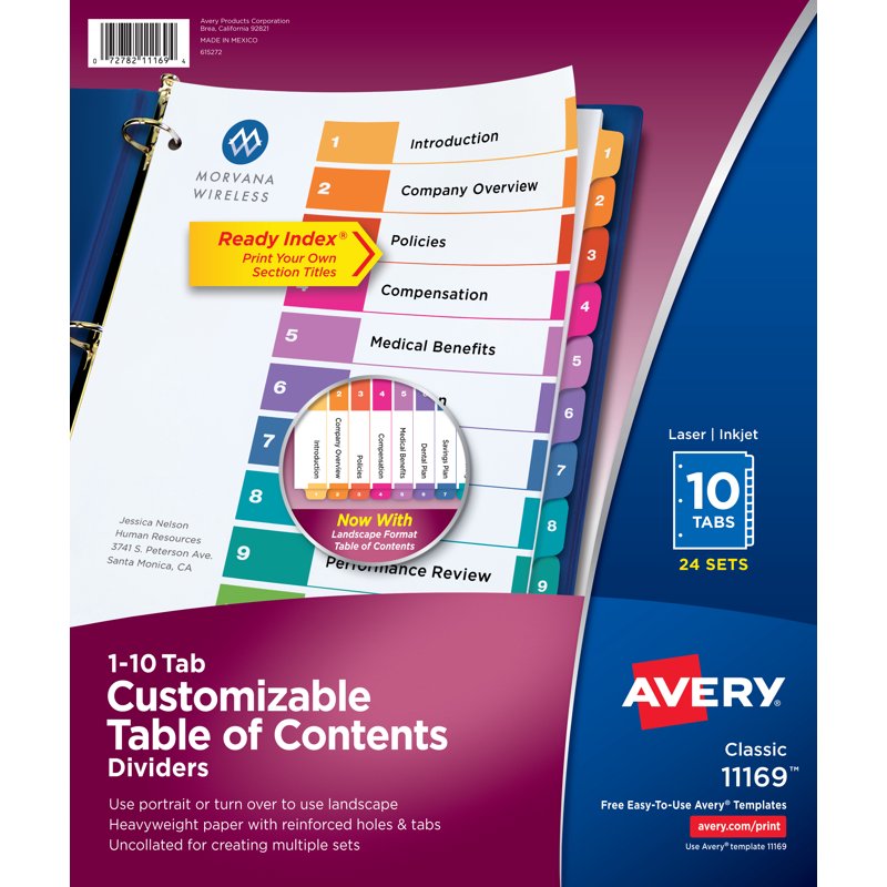 10-Tab Binder Dividers with Customizable TOC - Pack of 24 Sets