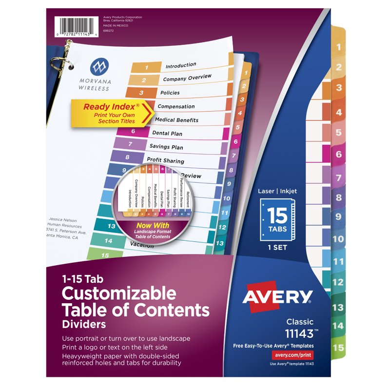 Multi-Color Table of Contents Dividers for Binders - 20% Recycled, 1-15 Tabs