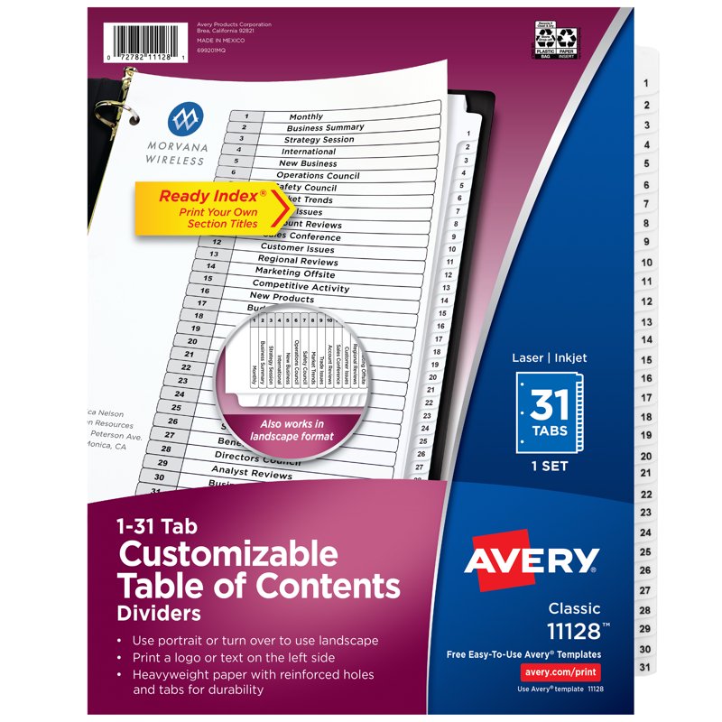 Office Binder Dividers with Tabs - 31 Sections, Reinforced, Printable, 2 Pack