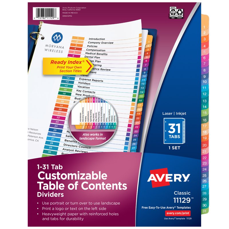 Multicolor Tab Dividers for 3-Ring Binders, Customizable Table of Contents Set