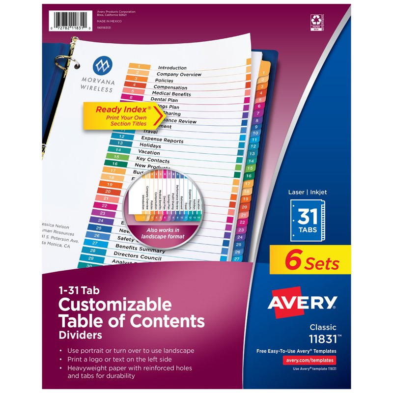 Office Binder Dividers with Tabs and Printable Table of Contents - 6 Sets of 31