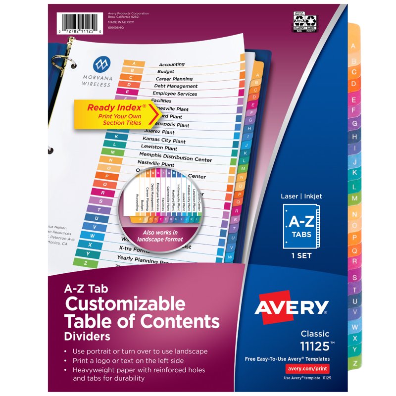 Avery A-Z Binder Index Dividers with Multicolor Tabs, 26-Piece Set
