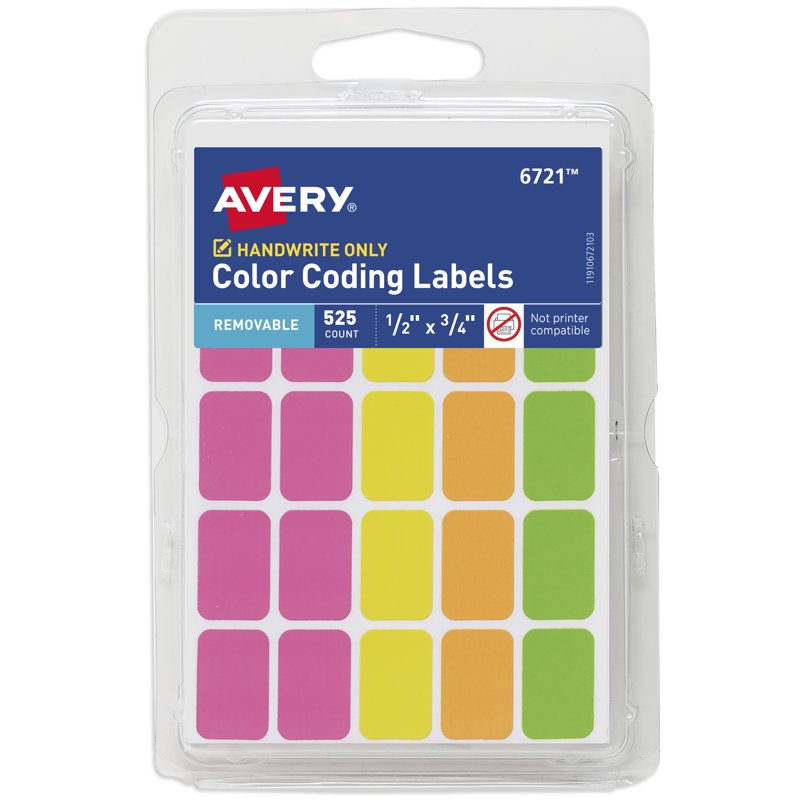 Neon Removable Labels 1/2 x 3/4 Inch, Handwrite, Color-Coded, Pack of 525