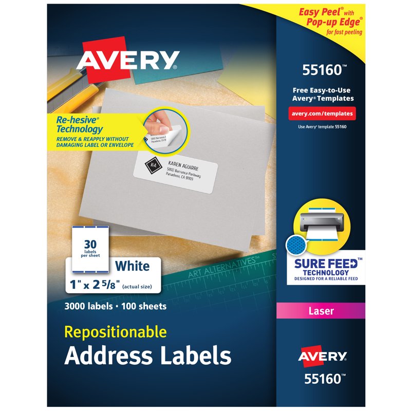 Repositionable Address Labels - 1 x 2-5/8 Inches, 3000 Labels, Matte White