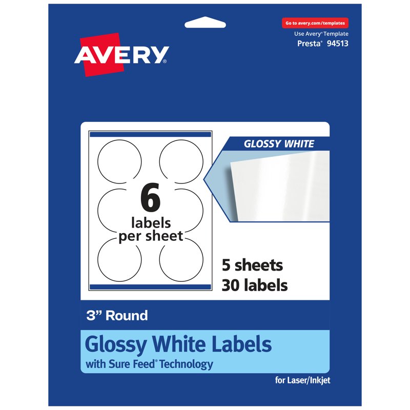 Glossy White Round Labels with Sure Feed Technology for Laser & Inkjet Printers, 3-Inch Diameter, Multiple Pack Sizes