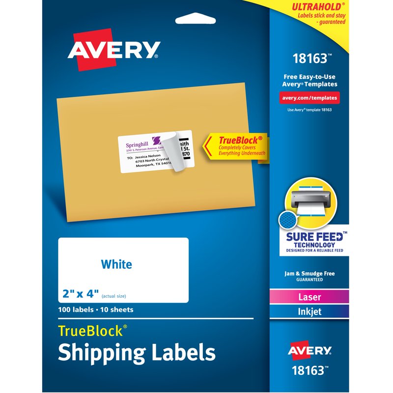 Avery Shipping Labels 2x4 White Paper TrueBlock Laser Inkjet 100 Labels
