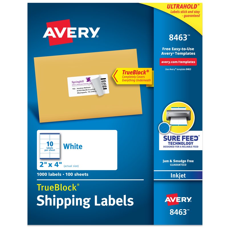 Avery Shipping Labels 2x4 Inches 1000 White Permanent Adhesive Inkjet Paper