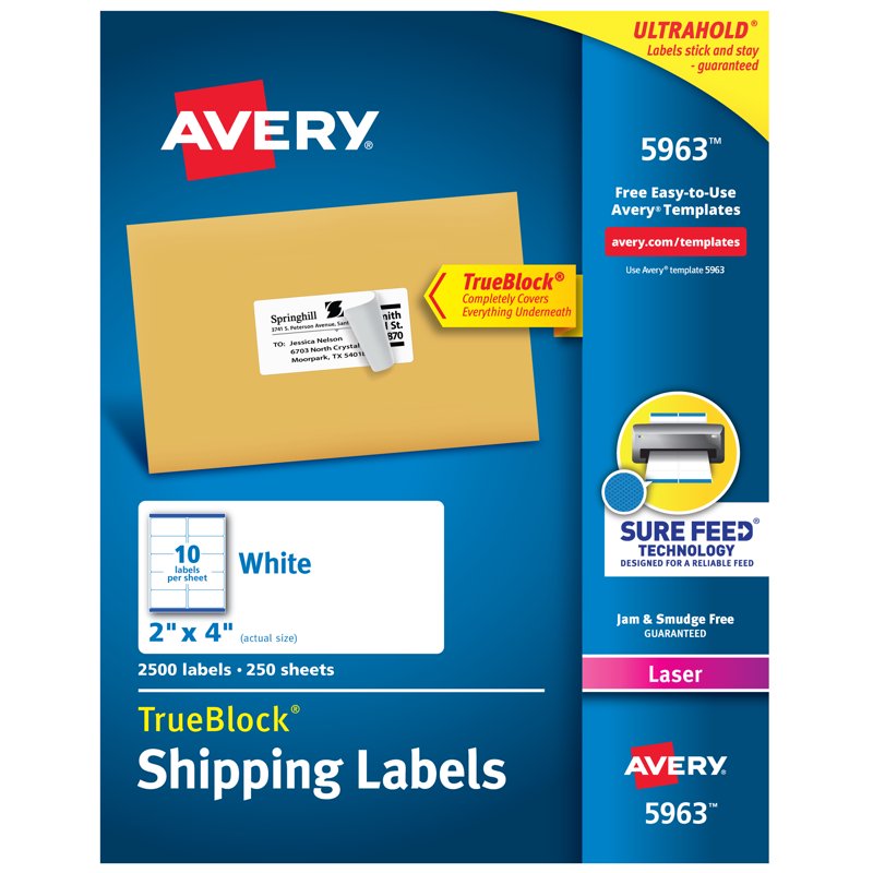 Avery White Shipping Labels 2x4 Inches - 2,500 Permanent Adhesive Labels for Packing & Mailing