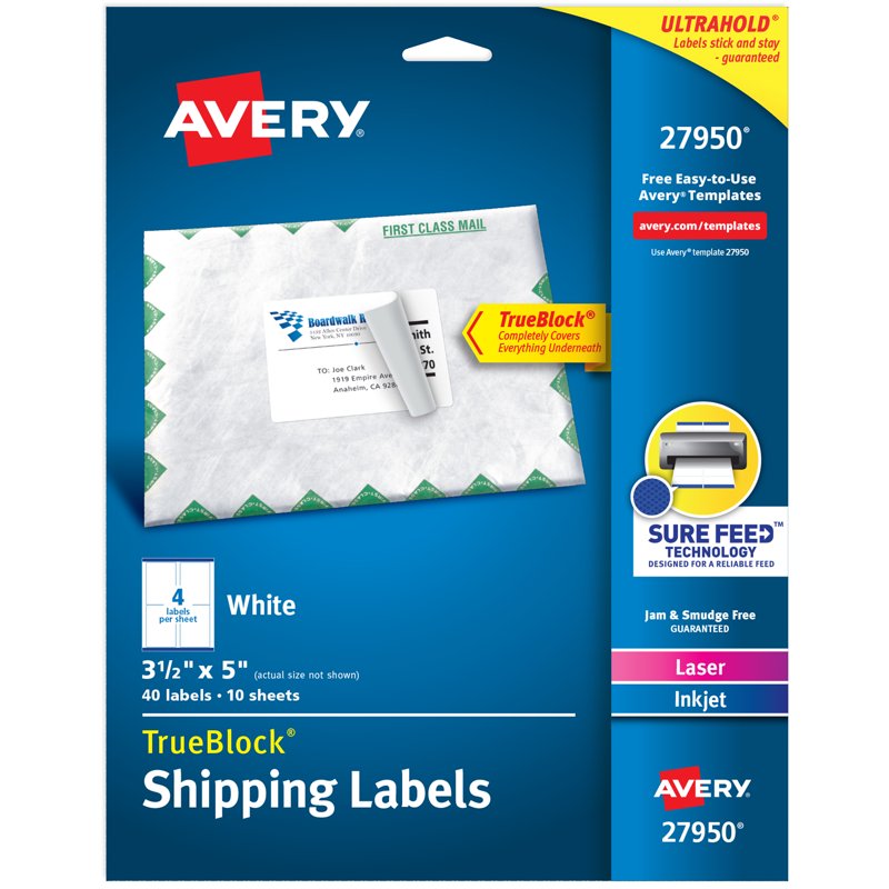 Avery 3.5x5 White Shipping Labels - Laser & Inkjet Printable, TrueBlock, 40 Labels